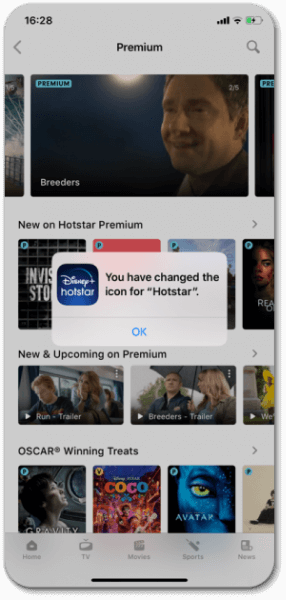 Hotstar using in-app to prompt about the addition of Disney+ to the logo for ott marketing