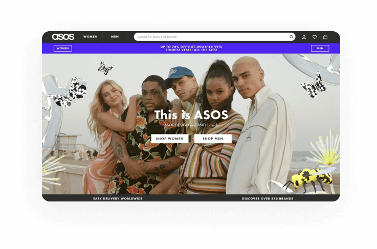 Asos homepage screenshot giving users the option to segment by Women and Men 