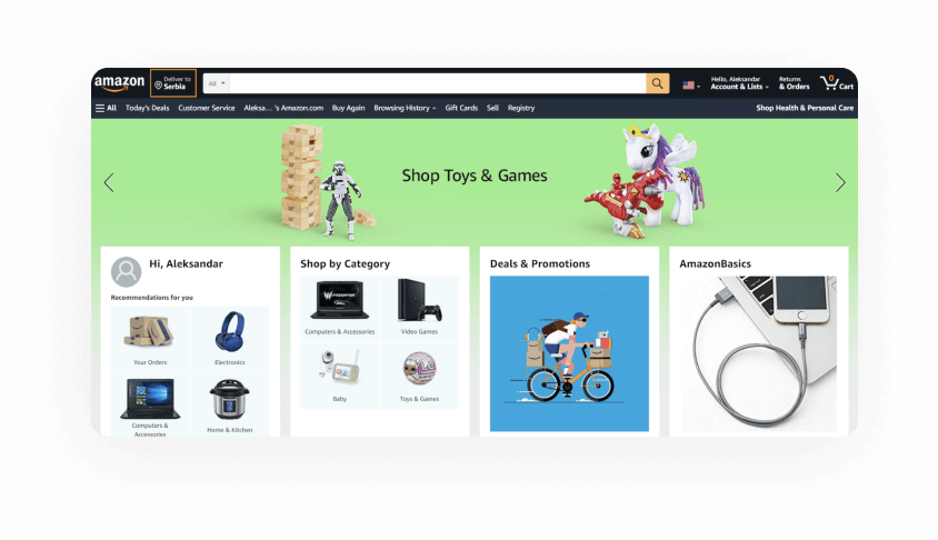 Amazon personalized example for Alexksander showcasing popular categories he shops