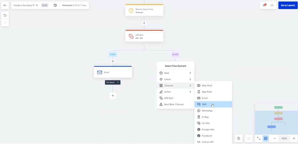 Insider A/B testing email vs SMS