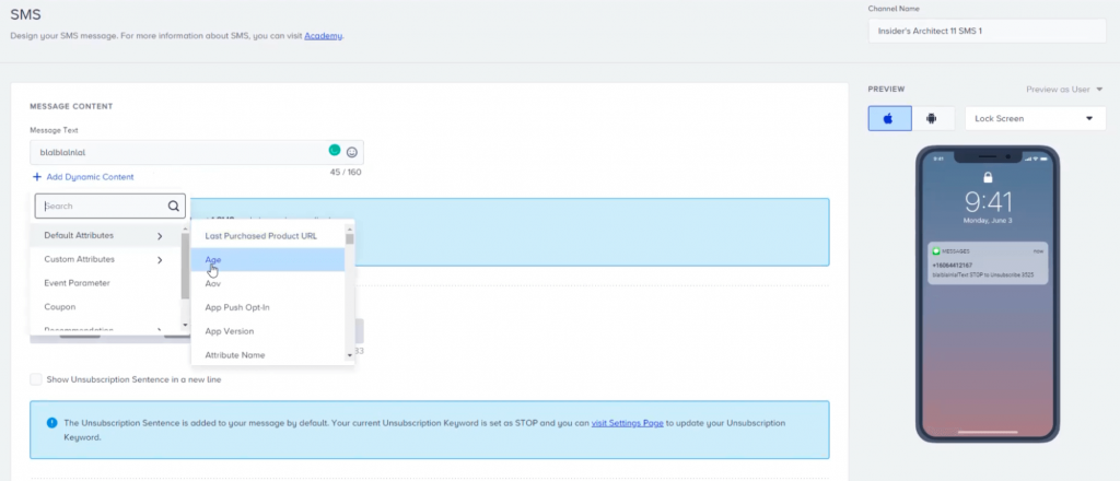Insider SMS builder dynamic content
