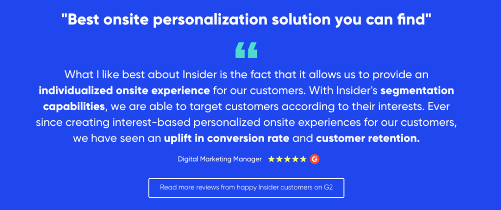 G2 Review for Insider titled “best onsite personalization solution you can find” 