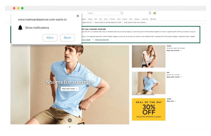 Consentimento de Web Push da Insider para a Marks and Spencer