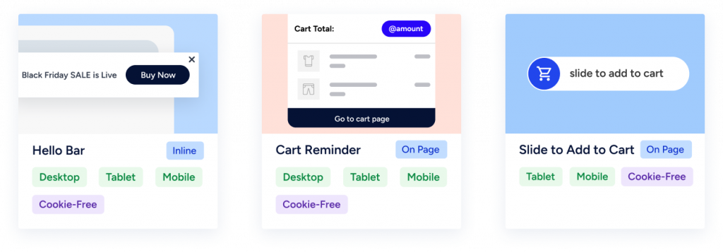 Insider's template blocks for floating cart, page curl, tab talk, hello bar and cart reminder