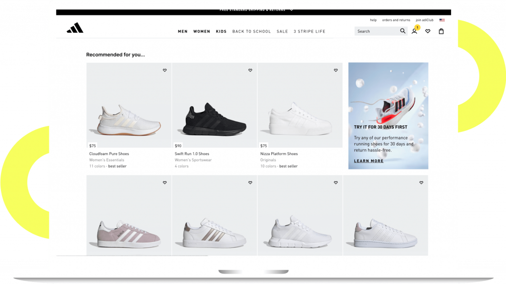 Example of how Adidas using AI-powered Smart Recommender and Category Optimizer