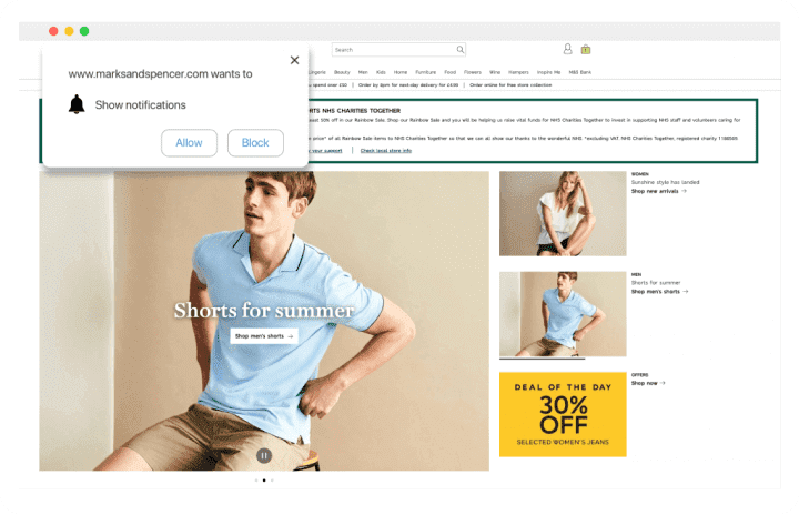 Notifications web push Marks and Spencer avec Insider