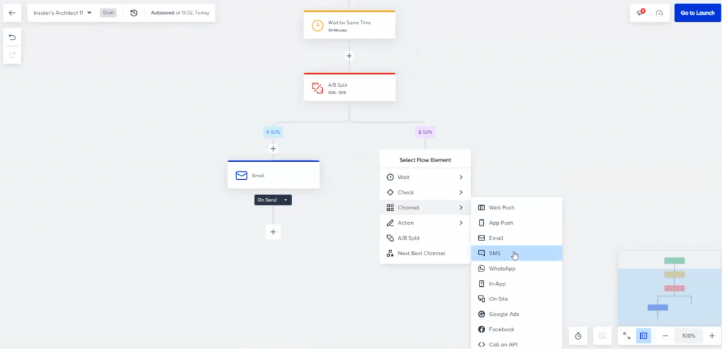 Insider - A/B test SMS vs email dans Architect